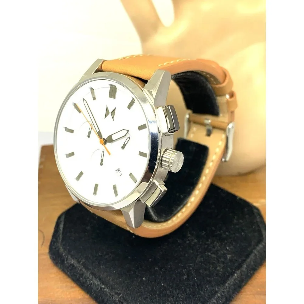MVMT Men's Watch Quartz Chronograph White Dial Brown Leather Band 44mm